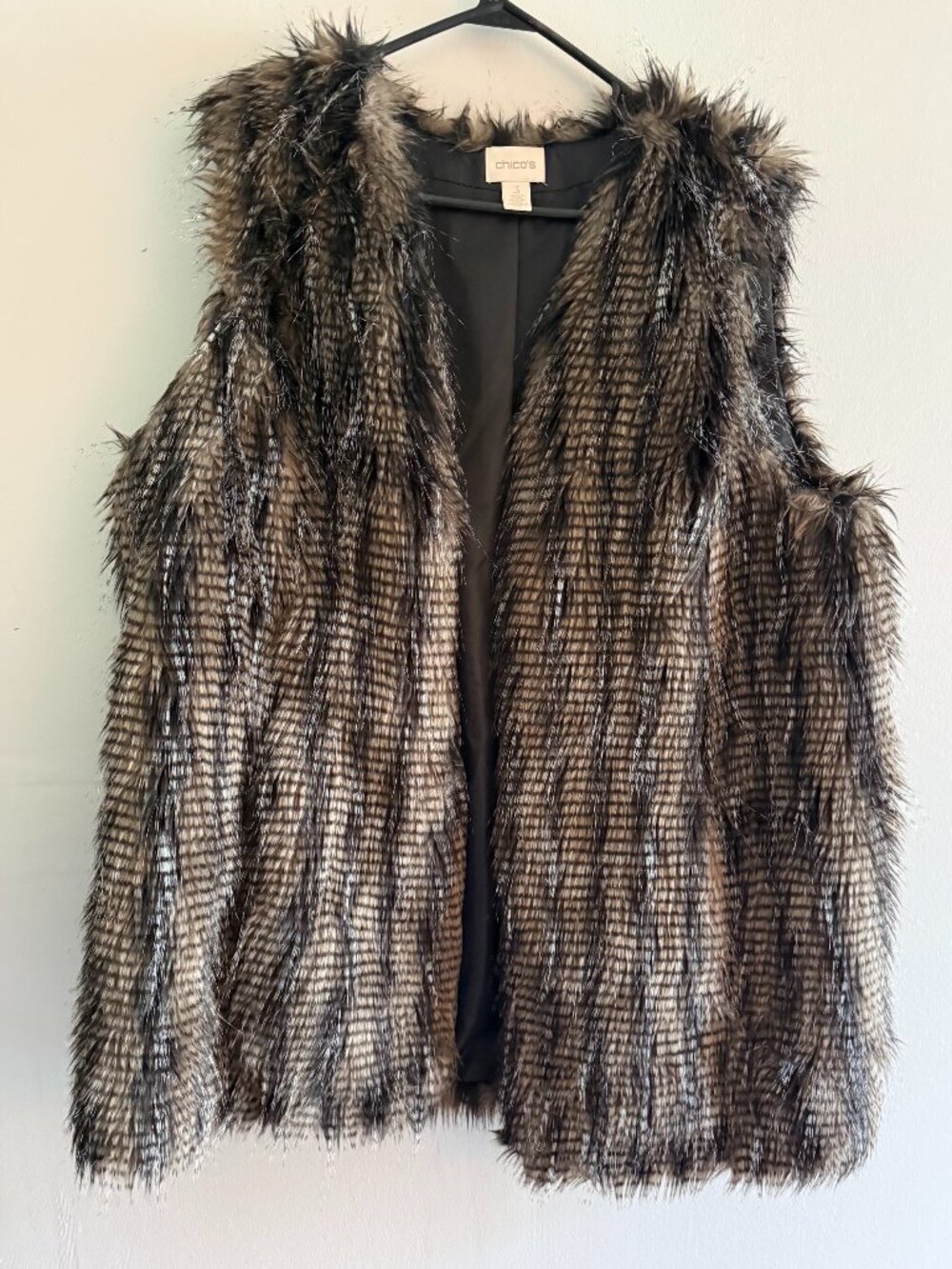 Chico's Faux Fur Open Vest Long Shaggy Multi Tone Sleeveless Size 3 XL